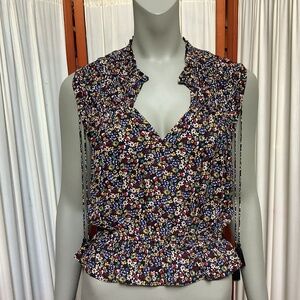 Derek Lam 10 Crosby Sleeveless Floral Print Silk Blouse Tassels Women's Size 12